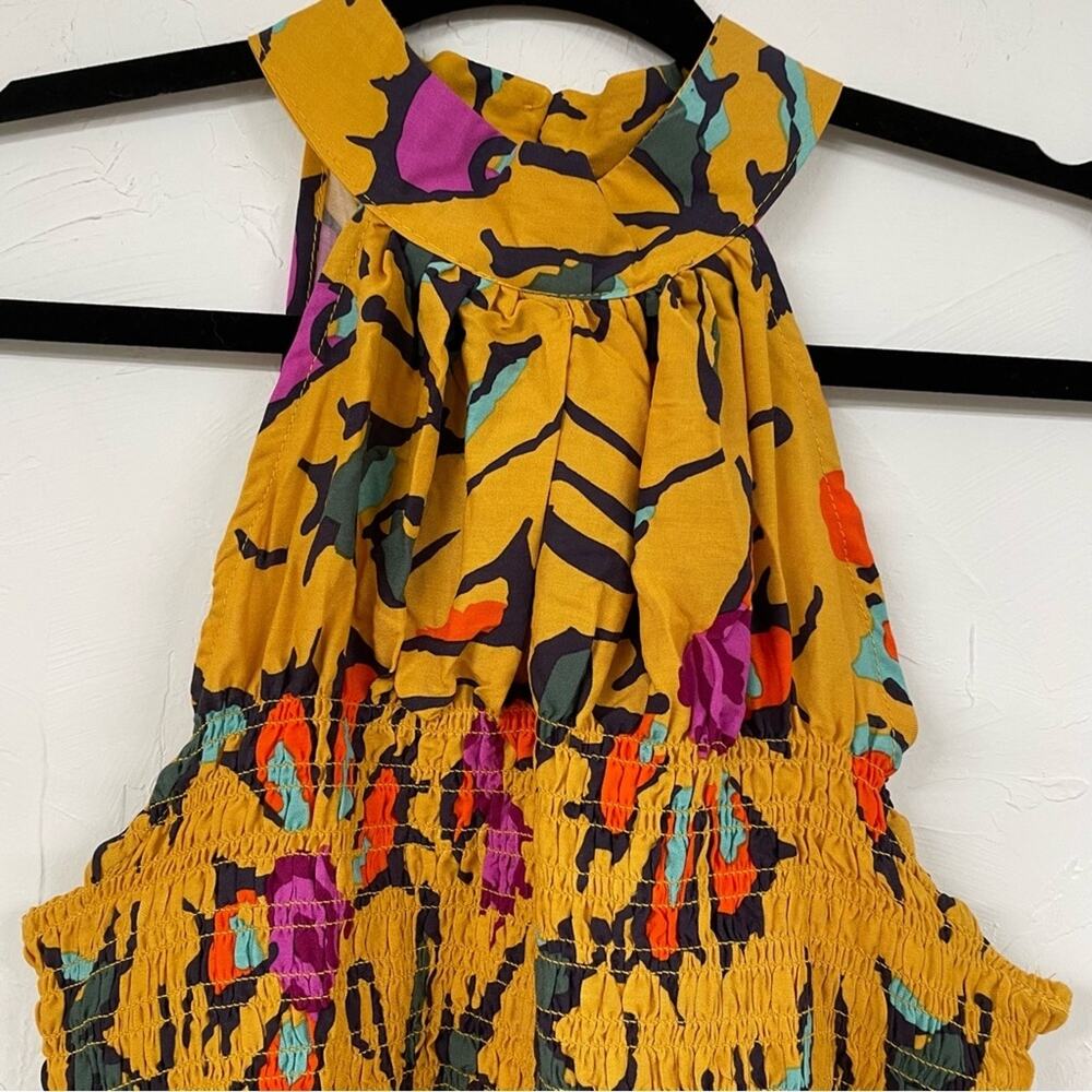 Haute Hippie Mustard Yellow Floral Print Halter Smocked Boho Blouse L Sleeveless - Picture 5 of 13